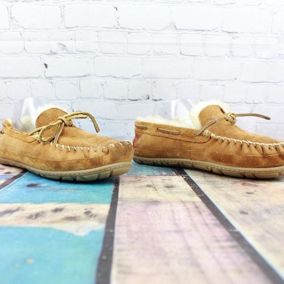 LL Bean Brown Suede Shearling Lined Wicked Good Moccasin Slippers Size 9 M - Picture 3 of 9